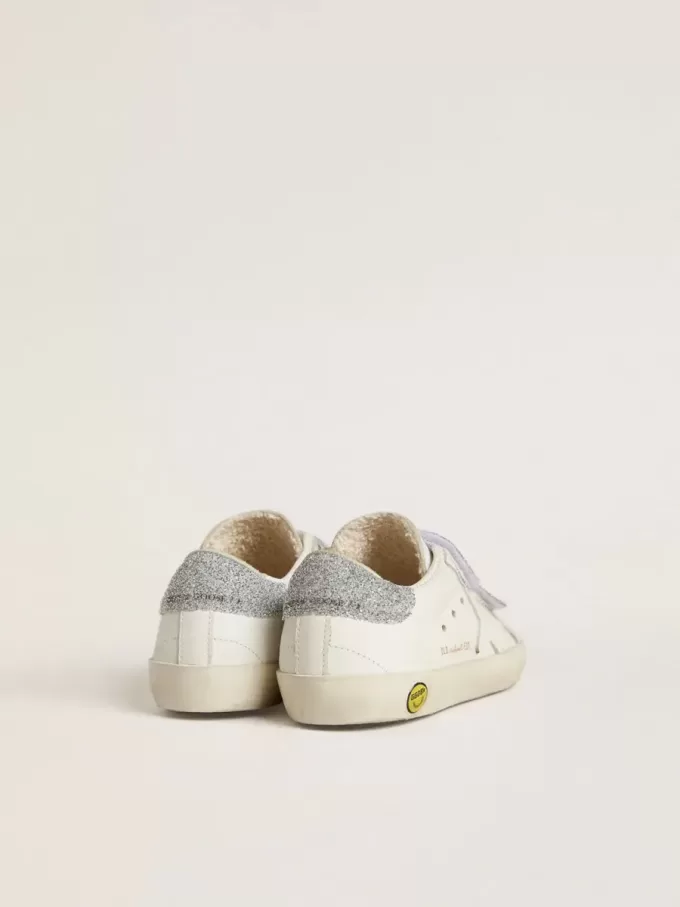 Teen Old School din piele albă cu talpă și curele cu cristale Swarovski argintii