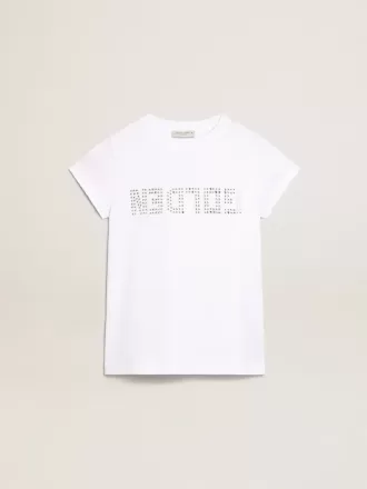 Tricou alb cu inscripție centrală Golden din cristale