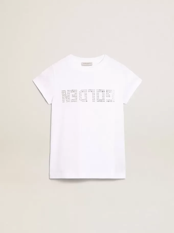 Tricou alb cu inscripție centrală Golden din cristale