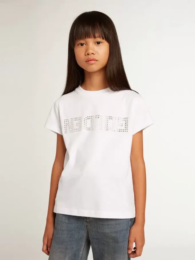 Tricou alb cu inscripție centrală Golden din cristale