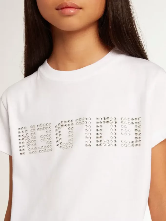 Tricou alb cu inscripție centrală Golden din cristale