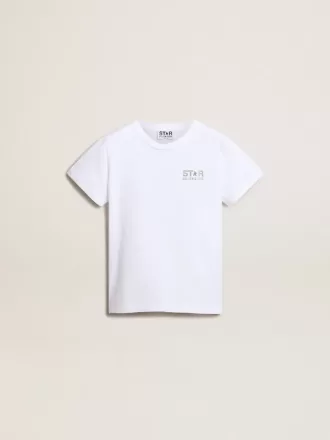 Tricou alb cu logo argintiu contrastant pe față