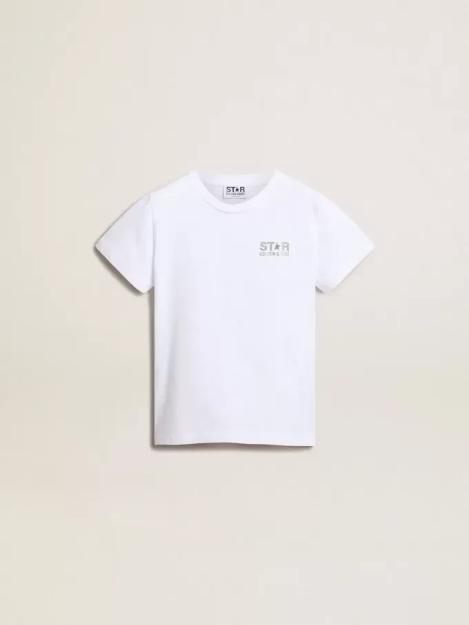 Tricou alb cu logo argintiu contrastant pe față Tricou alb cu logo argintiu contrastant pe față