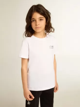 Tricou alb cu logo argintiu contrastant pe față