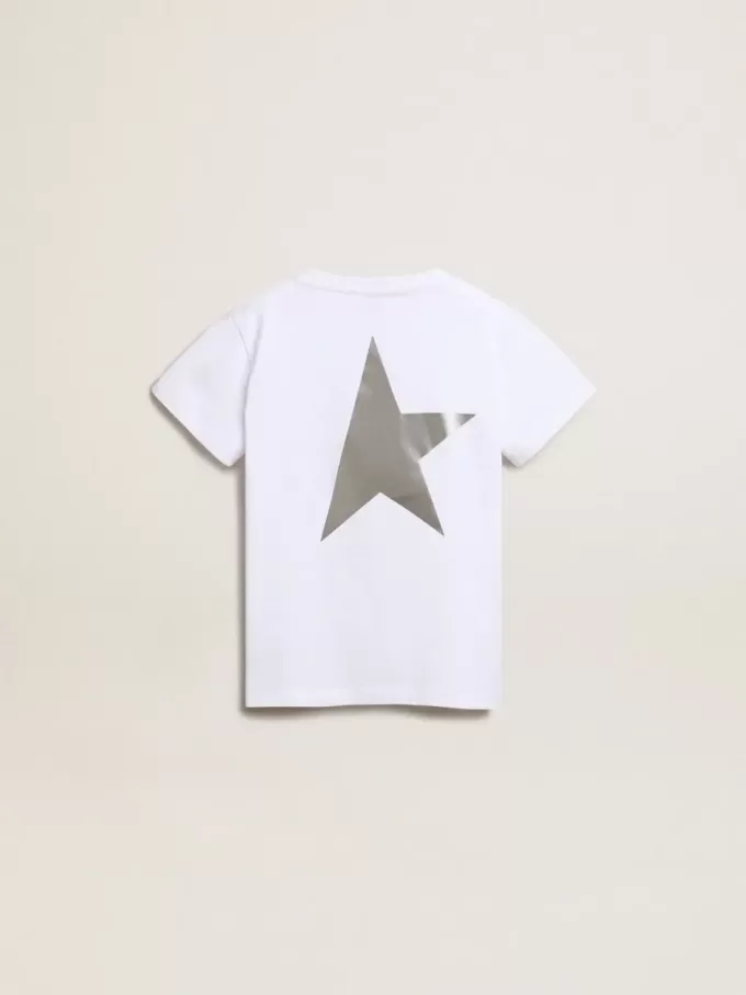 Tricou alb cu logo argintiu contrastant pe față Tricou alb cu logo argintiu contrastant pe față