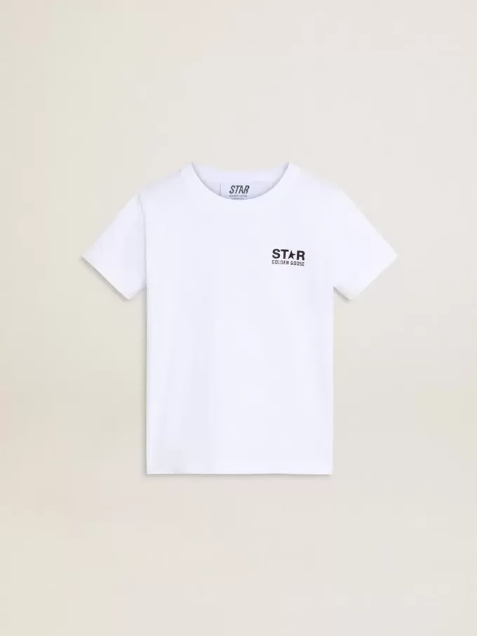 Tricou alb cu logo și stea negre contrastante Tricou alb cu logo și stea negre contrastante