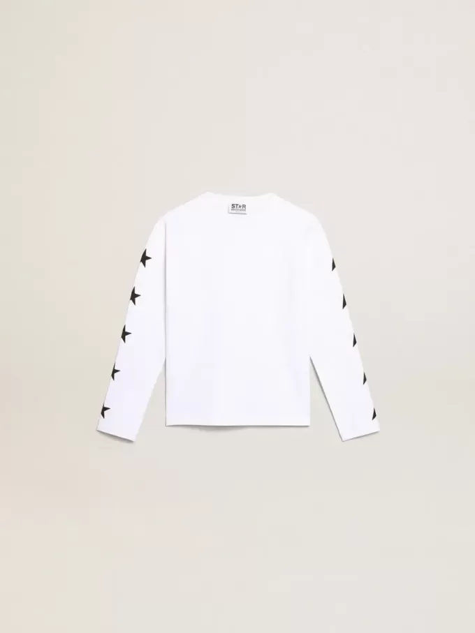 Tricou alb cu mâneci lungi și stele negre contrastante Tricou alb cu mâneci lungi și stele negre contrastante