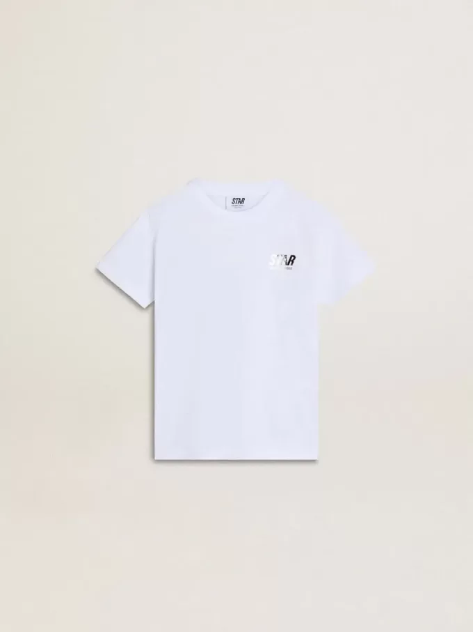 Tricou alb din bumbac pentru copii, cu imprimeu argintiu