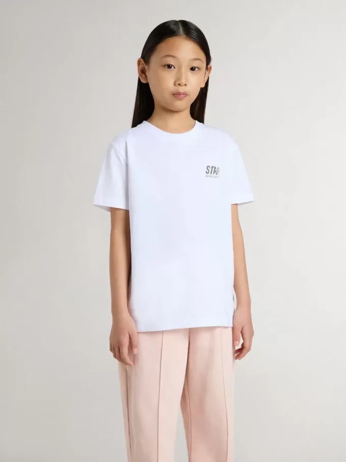 Tricou alb din bumbac pentru copii, cu imprimeu argintiu