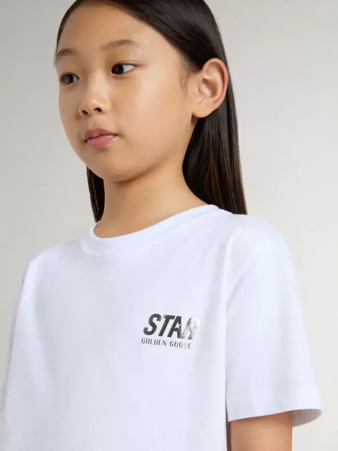 Tricou alb din bumbac pentru copii, cu imprimeu argintiu