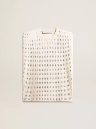 Tricou alb fără mâneci, îmbătrânit, împodobit cu cristale