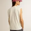 Tricou alb fără mâneci, îmbătrânit, împodobit cu cristale Tricou alb fără mâneci, îmbătrânit, împodobit cu cristale
