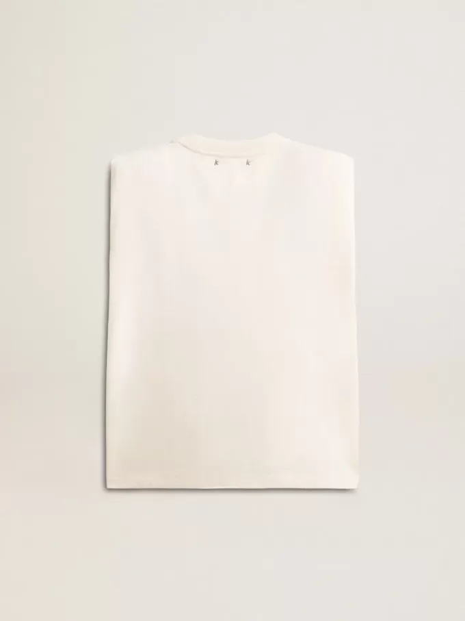 Tricou alb fără mâneci, îmbătrânit, împodobit cu cristale Tricou alb fără mâneci, îmbătrânit, împodobit cu cristale