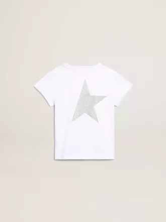 Tricou alb și argintiu cu logo și stea maxi din sclipici argintiu