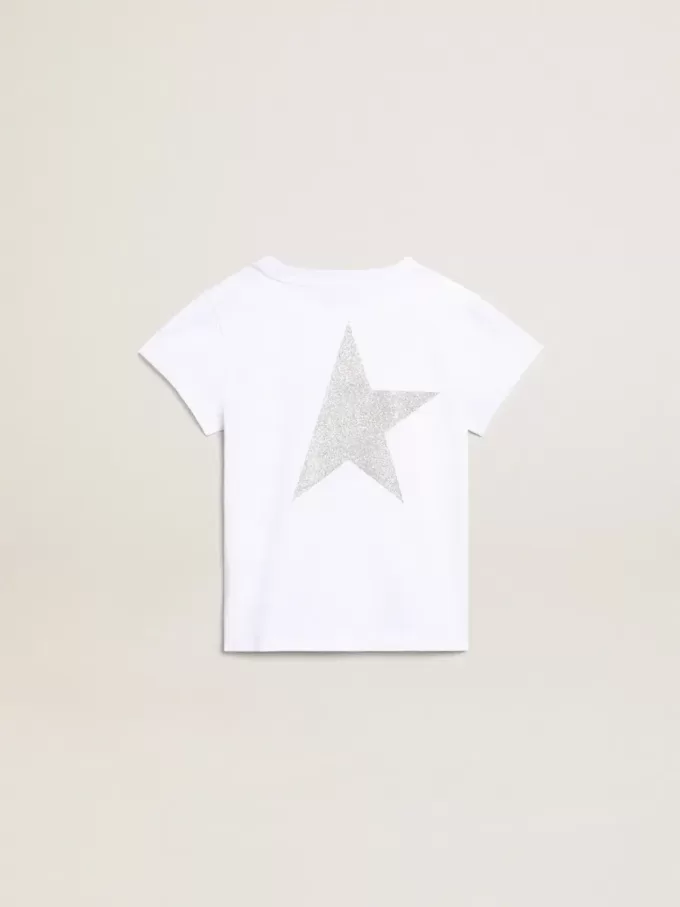 Tricou alb și argintiu cu logo și stea maxi din sclipici argintiu Tricou alb și argintiu cu logo și stea maxi din sclipici argintiu