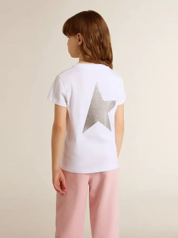 Tricou alb și argintiu cu logo și stea maxi din sclipici argintiu Tricou alb și argintiu cu logo și stea maxi din sclipici argintiu