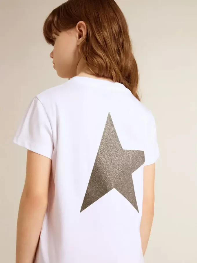 Tricou alb și argintiu cu logo și stea maxi din sclipici argintiu Tricou alb și argintiu cu logo și stea maxi din sclipici argintiu
