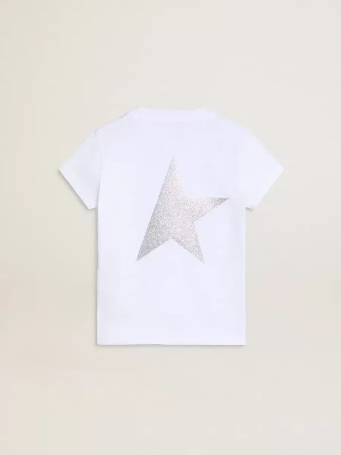 Tricou alb și argintiu cu logo și stea maxi din sclipici argintiu Tricou alb și argintiu cu logo și stea maxi din sclipici argintiu