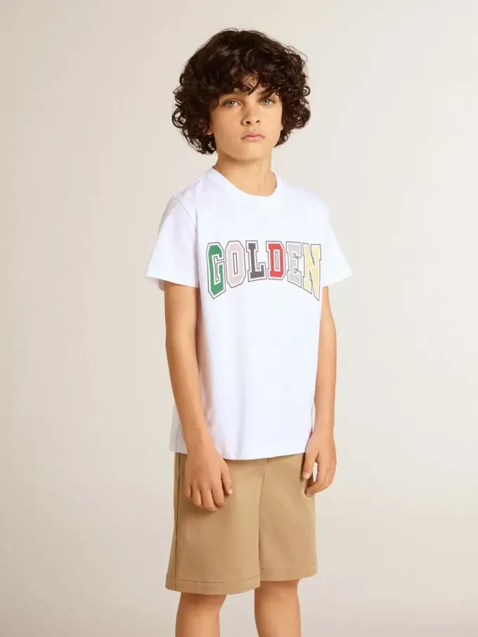 Tricou alb pentru băieți cu imprimeu multicolor Golden Tricou alb pentru băieți cu imprimeu multicolor Golden