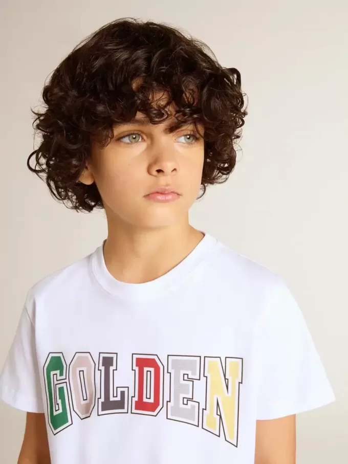 Tricou alb pentru băieți cu imprimeu multicolor Golden Tricou alb pentru băieți cu imprimeu multicolor Golden