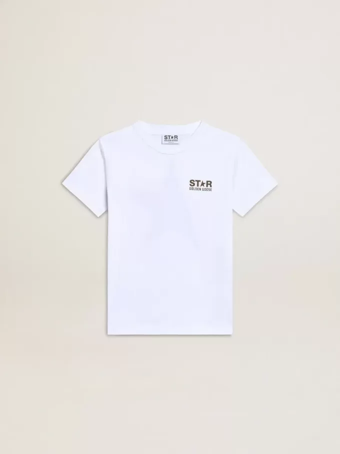 Tricou alb pentru băieți, cu logo și stea contrastante de culoare verde închis Tricou alb pentru băieți, cu logo și stea contrastante de culoare verde închis