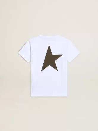 Tricou alb pentru băieți, cu logo și stea contrastante de culoare verde închis
