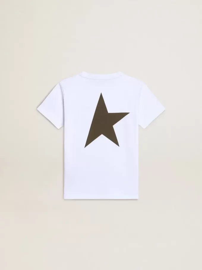 Tricou alb pentru băieți, cu logo și stea contrastante de culoare verde închis Tricou alb pentru băieți, cu logo și stea contrastante de culoare verde închis