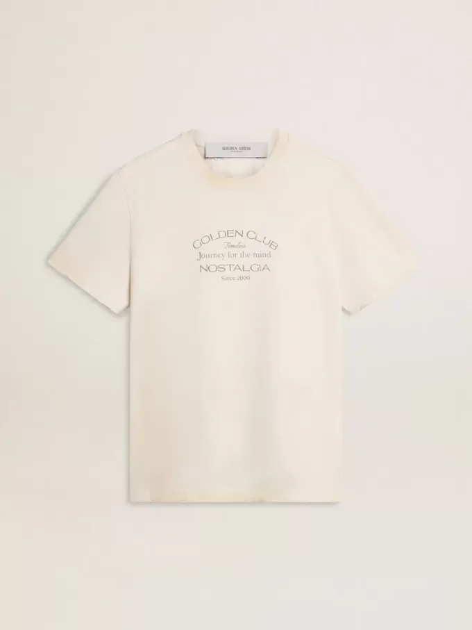 Tricou alb pentru bărbați, cu aspect vintage și imprimeu frontal