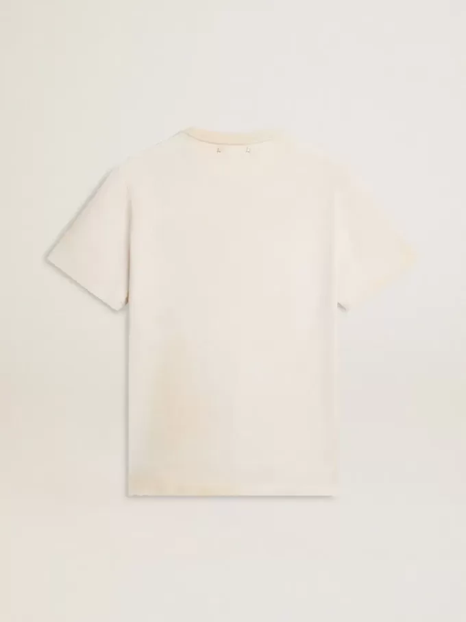 Tricou alb pentru bărbați, cu aspect vintage și imprimeu frontal