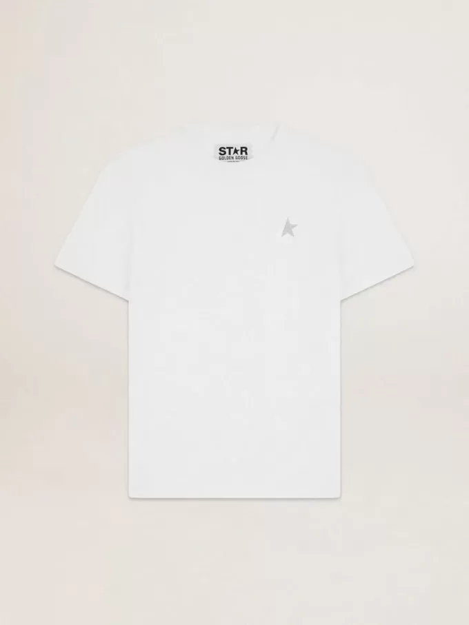 Tricou alb pentru bărbați, cu stea argintie strălucitoare pe partea din față Tricou alb pentru bărbați, cu stea argintie strălucitoare pe partea din față