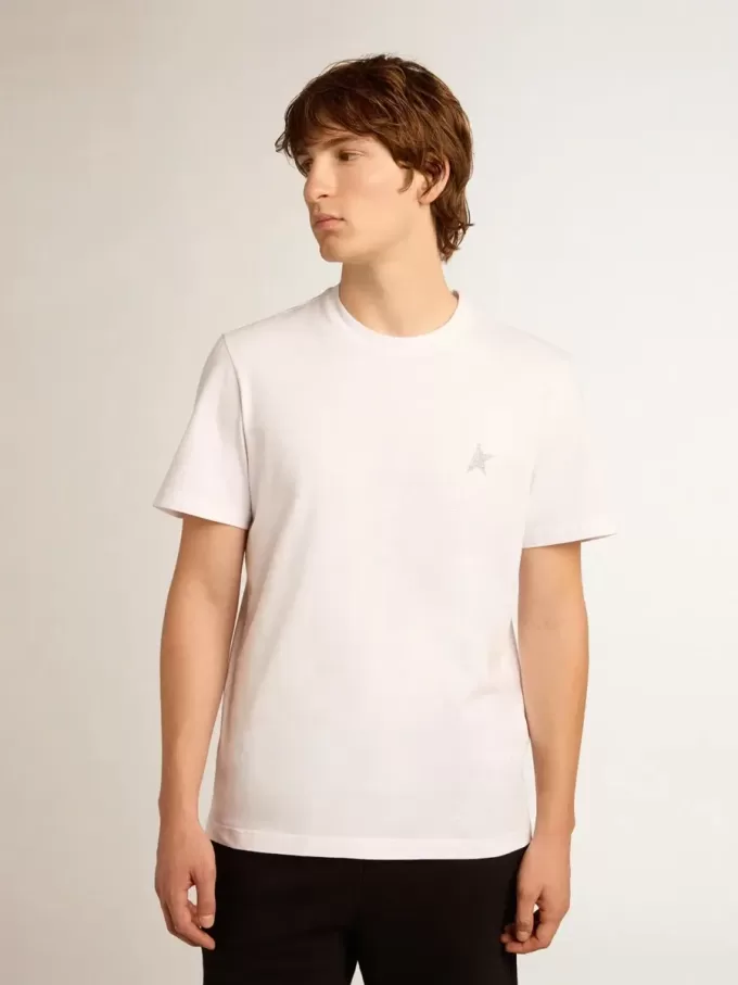 Tricou alb pentru bărbați, cu stea argintie strălucitoare pe partea din față Tricou alb pentru bărbați, cu stea argintie strălucitoare pe partea din față