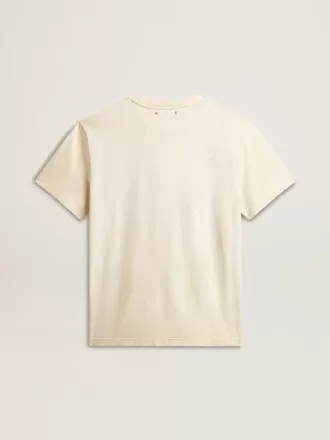 Tricou alb pentru bărbați, din bumbac îmbătrânit, cu imprimeu auriu