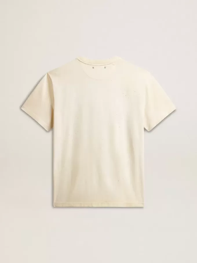 Tricou alb pentru bărbați, din bumbac îmbătrânit, cu imprimeu auriu Tricou alb pentru bărbați, din bumbac îmbătrânit, cu imprimeu auriu