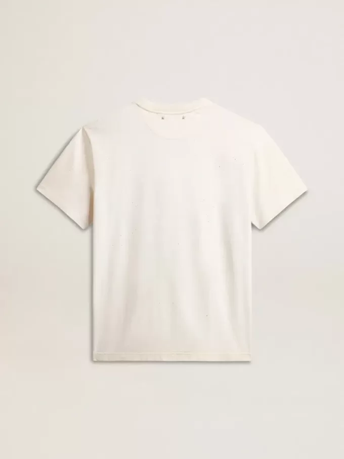 Tricou alb pentru bărbați, din bumbac îmbătrânit, cu imprimeu auriu Tricou alb pentru bărbați, din bumbac îmbătrânit, cu imprimeu auriu