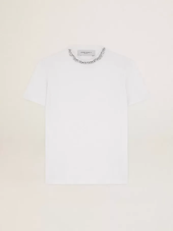 Tricou alb pentru femei cu cristale cabochon Tricou alb pentru femei cu cristale cabochon