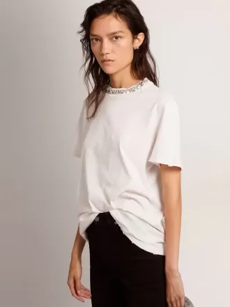 Tricou alb pentru femei cu cristale cabochon