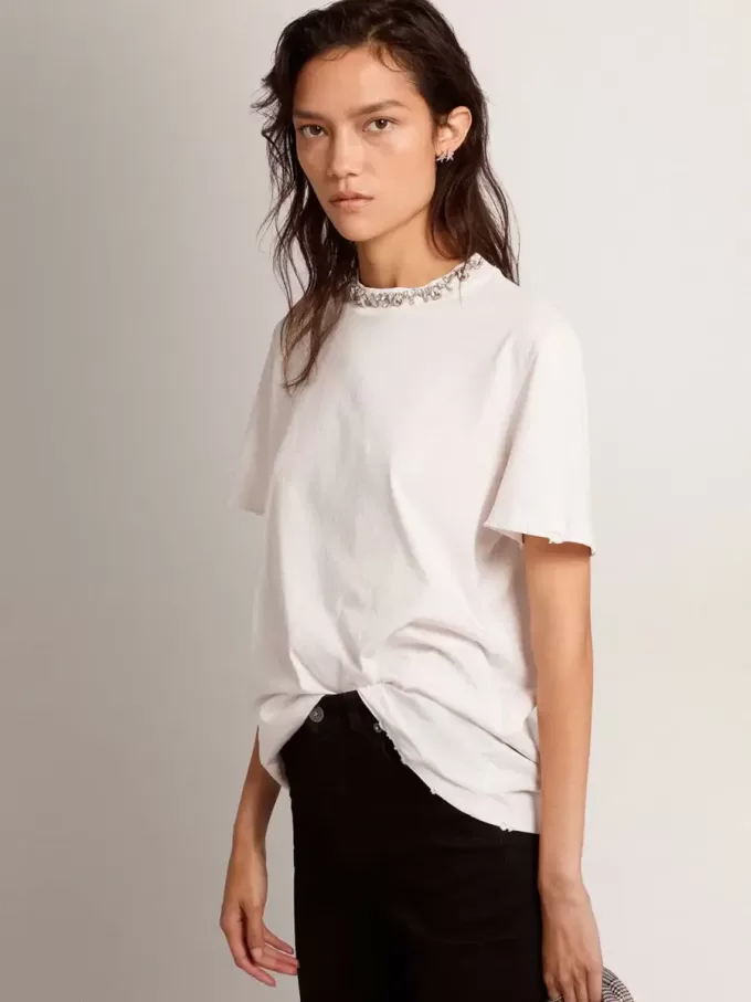 Tricou alb pentru femei cu cristale cabochon Tricou alb pentru femei cu cristale cabochon
