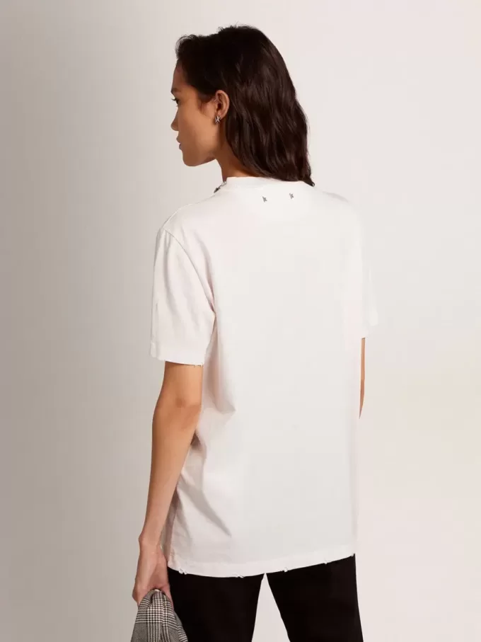 Tricou alb pentru femei cu cristale cabochon Tricou alb pentru femei cu cristale cabochon