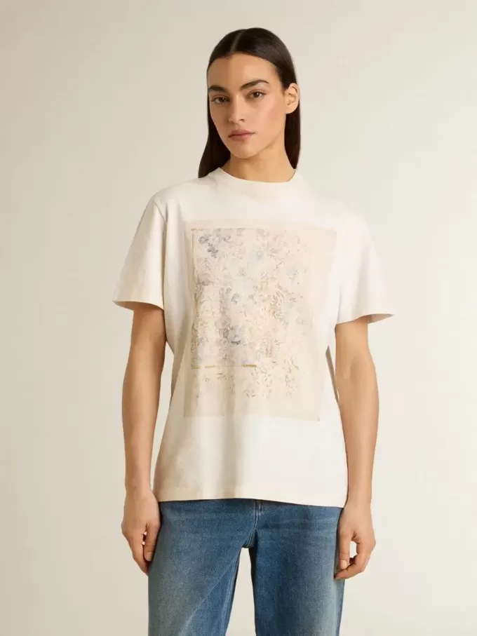 Tricou alb pentru femei cu imprimeu floral Tricou alb pentru femei cu imprimeu floral