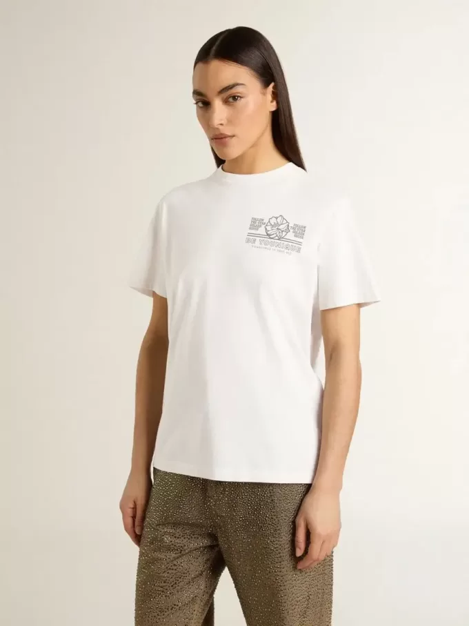 Tricou alb pentru femei cu imprimeu negru pe piept Tricou alb pentru femei cu imprimeu negru pe piept
