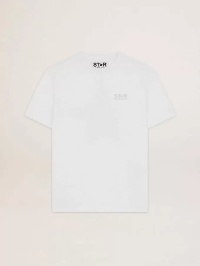 Tricou alb pentru femei, cu logo argintiu strălucitor și stea Tricou alb pentru femei, cu logo argintiu strălucitor și stea