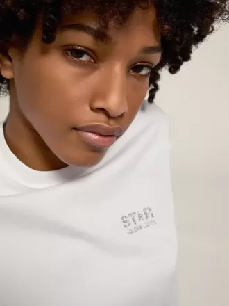 Tricou alb pentru femei, cu logo argintiu strălucitor și stea