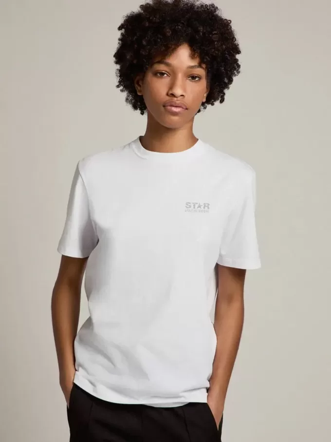 Tricou alb pentru femei, cu logo argintiu strălucitor și stea Tricou alb pentru femei, cu logo argintiu strălucitor și stea