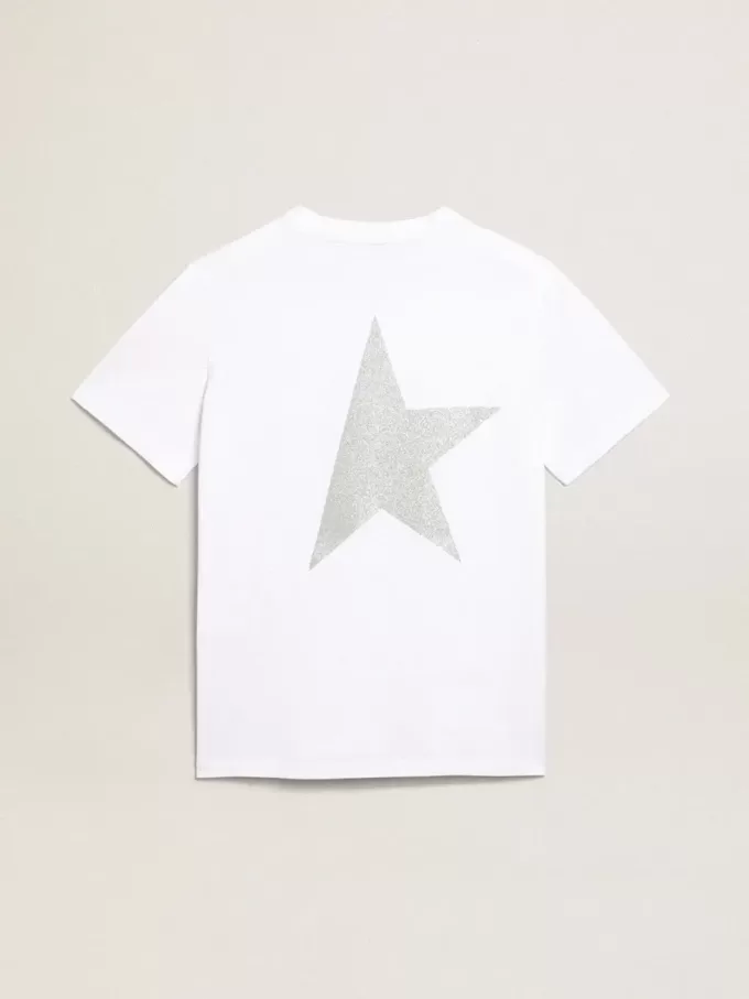 Tricou alb pentru femei, cu logo argintiu strălucitor și stea Tricou alb pentru femei, cu logo argintiu strălucitor și stea