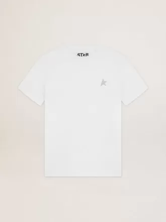Tricou alb pentru femei, cu stea argintie strălucitoare pe partea din față