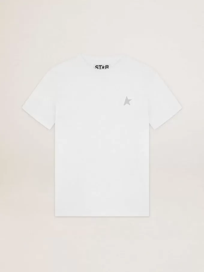 Tricou alb pentru femei, cu stea argintie strălucitoare pe partea din față Tricou alb pentru femei, cu stea argintie strălucitoare pe partea din față