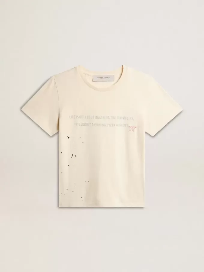 Tricou alb pentru femei, din bumbac, cu imprimeu și broderie Tricou alb pentru femei, din bumbac, cu imprimeu și broderie