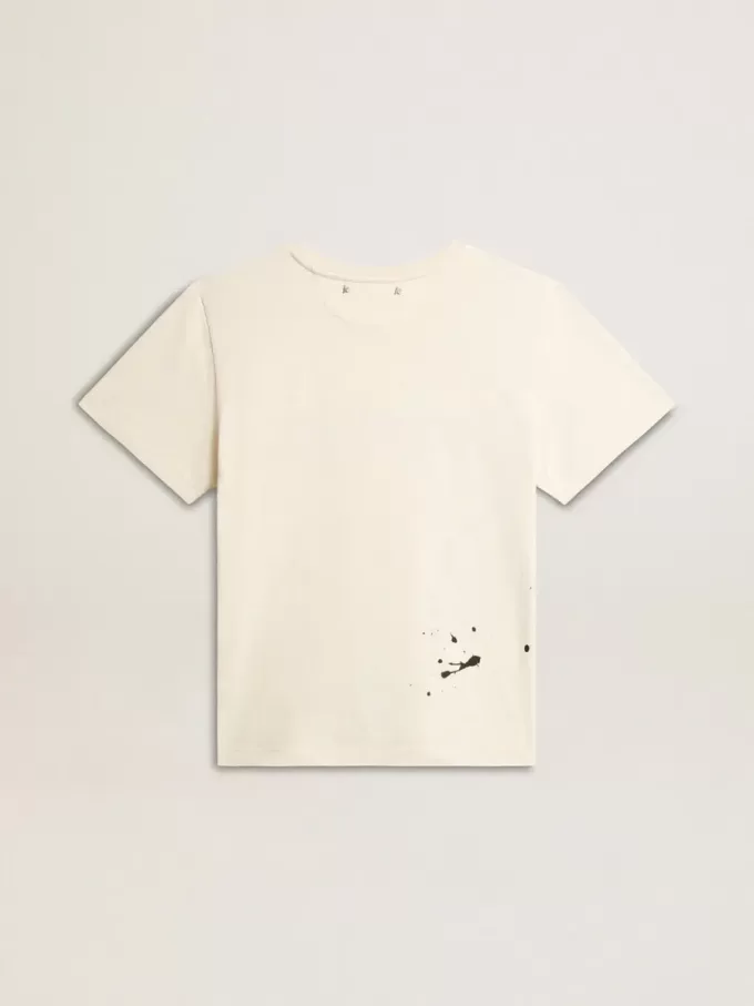 Tricou alb pentru femei, din bumbac, cu imprimeu și broderie Tricou alb pentru femei, din bumbac, cu imprimeu și broderie
