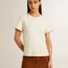 Tricou alb pentru femei, din bumbac, cu imprimeu și broderie Tricou alb pentru femei, din bumbac, cu imprimeu și broderie