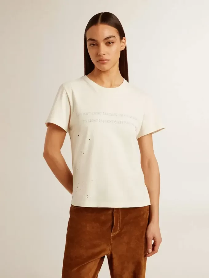 Tricou alb pentru femei, din bumbac, cu imprimeu și broderie Tricou alb pentru femei, din bumbac, cu imprimeu și broderie